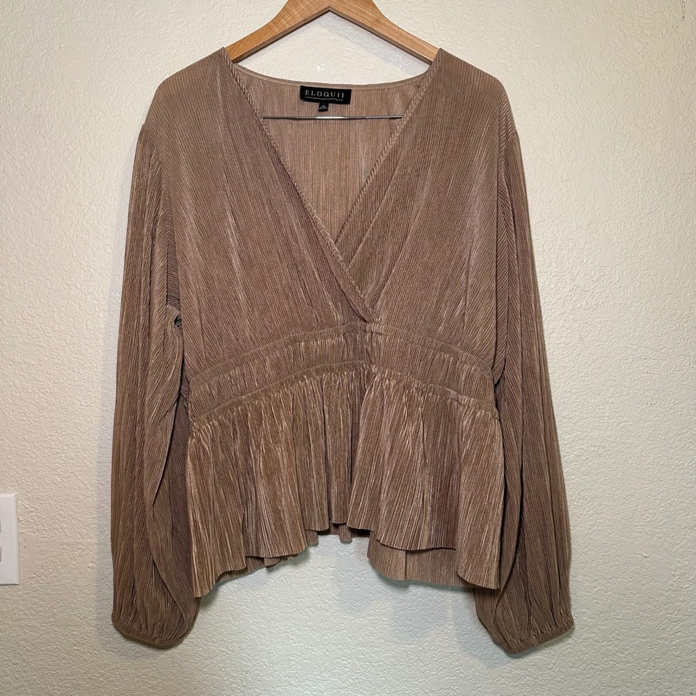 Eloquii Womens 22 Blouse Long Sleeve Peplum Pleated Bronze Shimmer Babydoll Chic